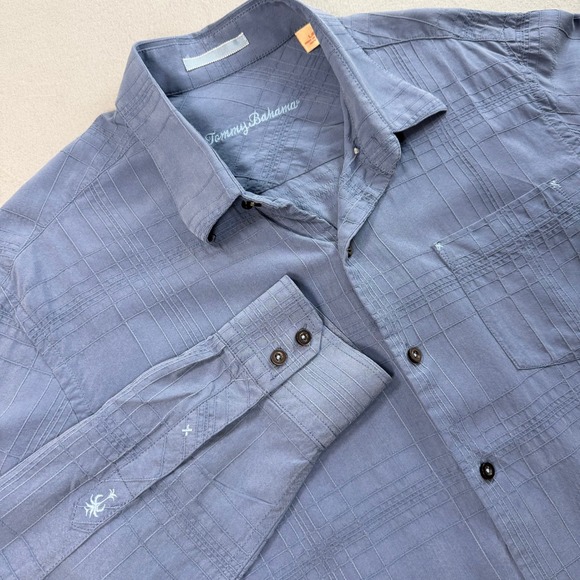Tommy Bahama Other - Tommy Bahama Blue Textured 100% Silk Button Down Sz L Nautical Resortwear Grid